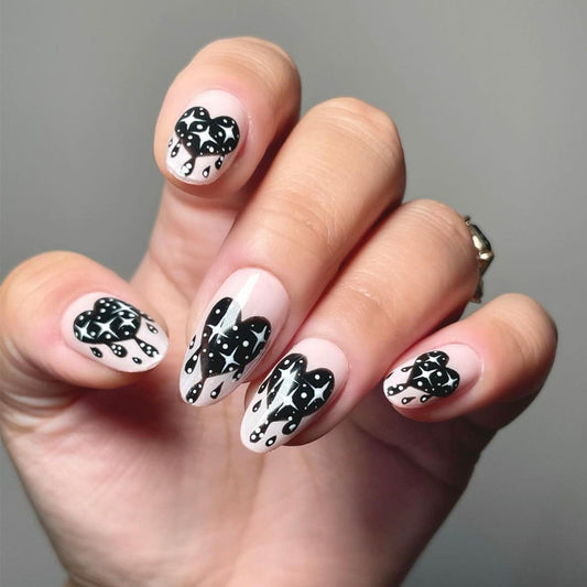 Cosmic Romance Long Almond Black and Clear Heart Design Press On Nail Set