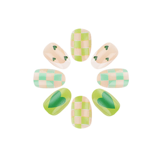 Whimsical Spring Vibes Short Oval Green and Beige Checkered Design with Heart Accents Press-On Nail Set