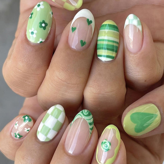 Vibrant Meadow Inspired Medium Oval Shaped Green Multi-Patterned Press On Nail Set