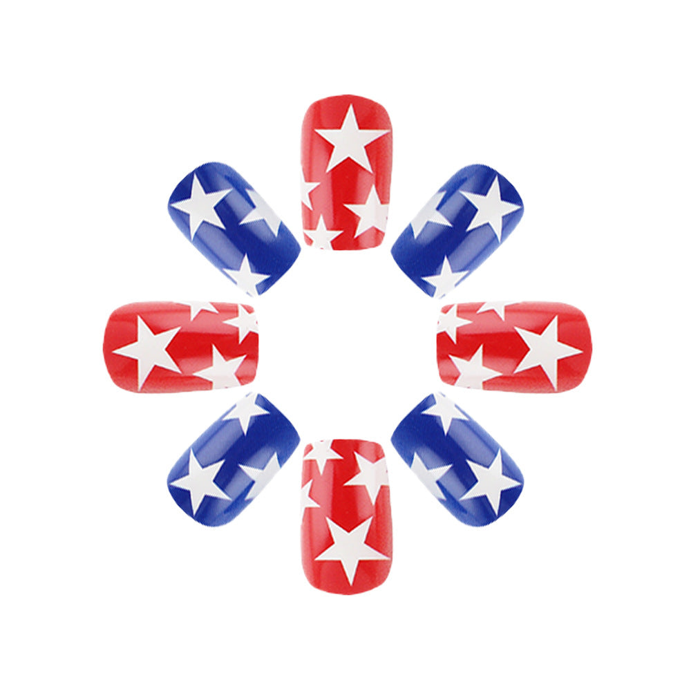 Patriotic Glamour Press On Nail Set in Medium Square Bold Red Blue with Star Designs