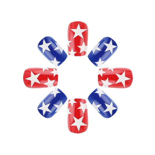 Patriotic Glamour Press On Nail Set in Medium Square Bold Red Blue with Star Designs
