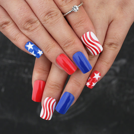Patriotic Celebration Long Square Red Blue and White Press on Nail Set with Fun Stars and Stripes Designs