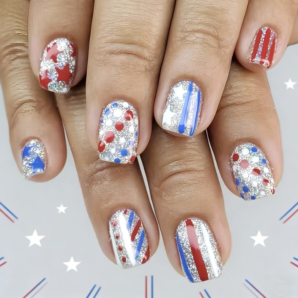 Patriotic Sparkle Press On Nail Set in Short Square Red Blue and Silver with Glittering Stars and Dots Design