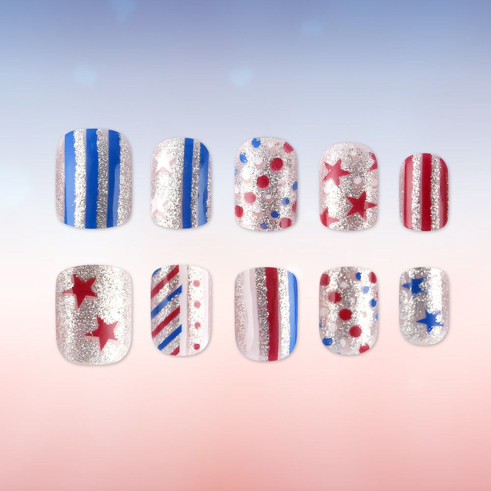 Patriotic Celebration Short Square Glitter Red Blue Silver Patterned Press On Nail Set