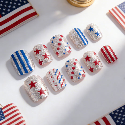Patriotic Celebration Press on Nail Set Short Square Glittery Red Blue and Silver with Star and Stripe Design