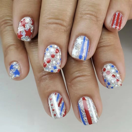 Celebration Fireworks Medium Square Red White Blue Glitter Press On Nail Set