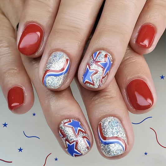 Patriotic Celebration Glossy Short Squoval Red and Silver Glitter with Star Accents Press-On Nail Set