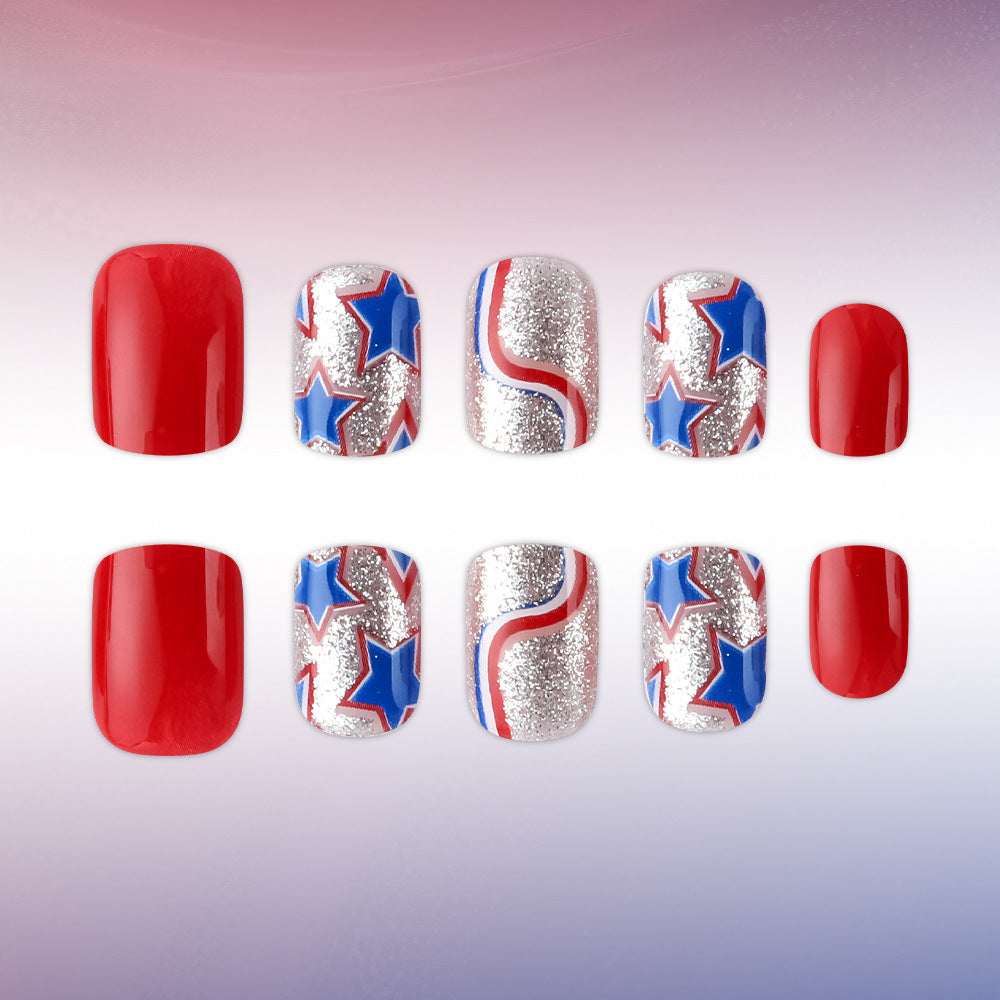 Patriotic Glamour Bold Short Square Red and Silver Glitter with Star Design Press On Nail Set