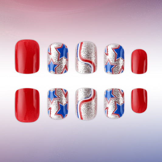 Patriotic Glamour Bold Short Square Red and Silver Glitter with Star Design Press On Nail Set