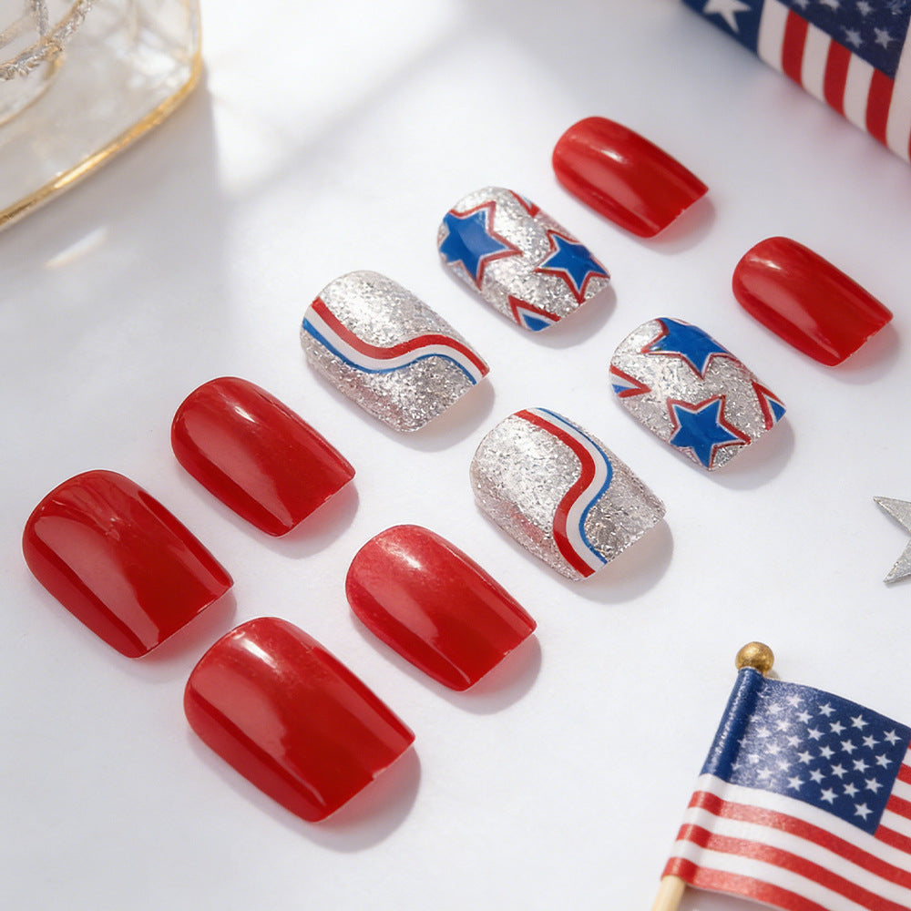 Patriotic Glamour Red Short Square Glittery Press on Nail Set with Star Patterns