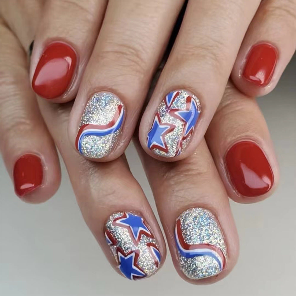 Patriotic Celebration Short Square Red Blue and Silver Glitter Press On Nail Set with Star and Swirl Design