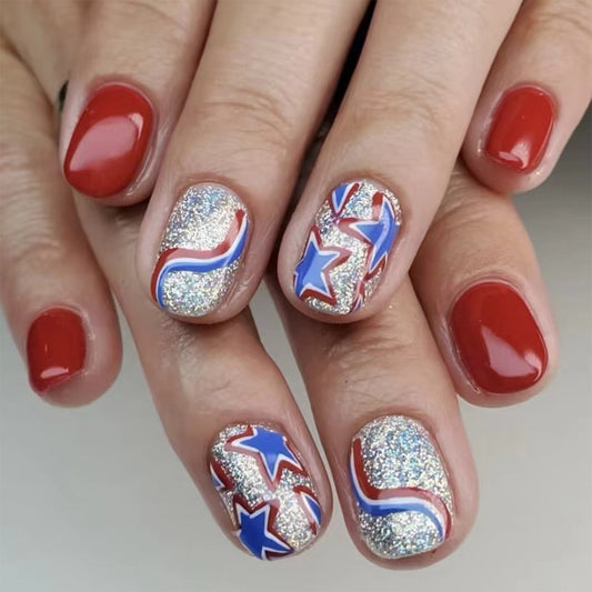 Patriotic Celebration Short Square Red Blue and Silver Glitter Press On Nail Set with Star and Swirl Design