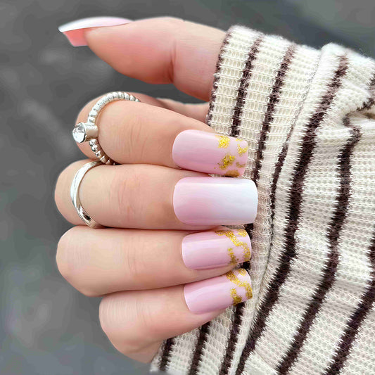 Chic Floral Inspiration Long Square Pink Press On Nail Set with Gold Glitter Accent