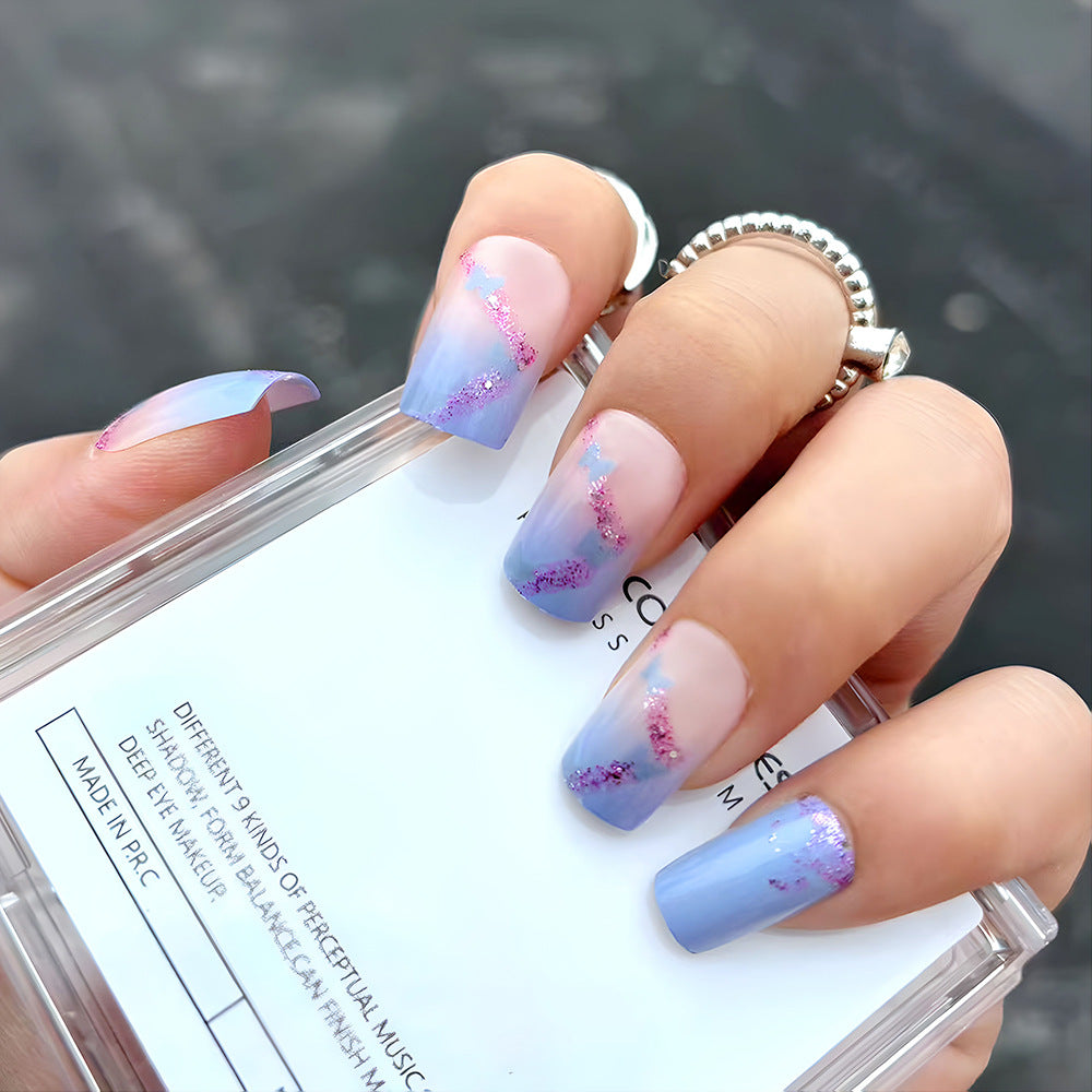 Dreamy Sunset Long Square Blue and Purple Glitter Ombre Press On Nail Set