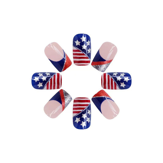 Patriotic Glamour Press on Nail Set Medium Square Red Blue with Striking Star and Stripe Design