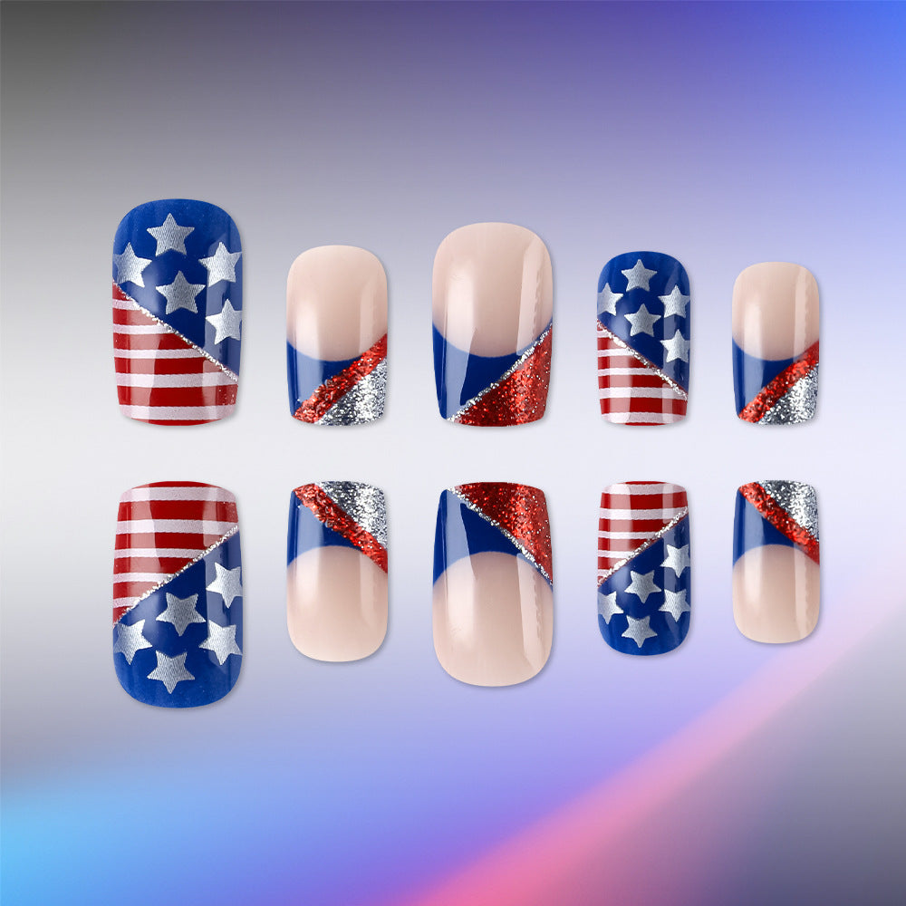 Patriotic Celebration Press On Nail Set featuring short square shape in blue red and silver with dazzling glitter accents