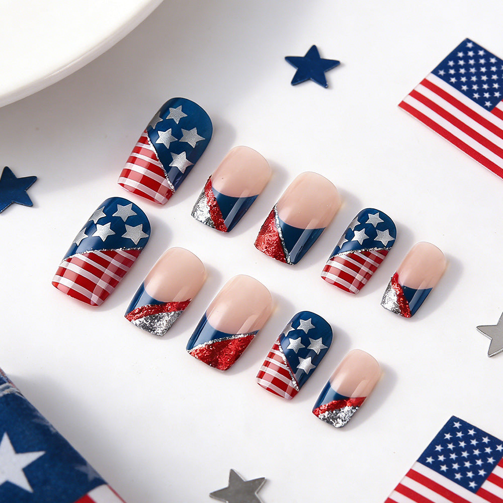Patriotic Vibes Medium Square Elegant Red White and Blue Press On Nail Set with Glitter Stars