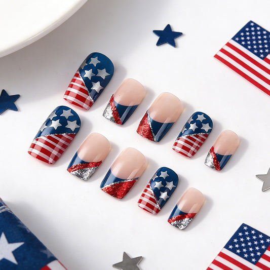 Patriotic Vibes Medium Square Elegant Red White and Blue Press On Nail Set with Glitter Stars