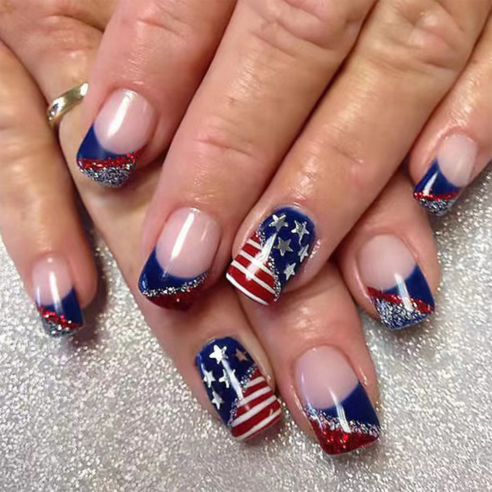Patriotic Celebration Press On Nail Set Medium Square Blue Red with Glittering Star and Striped Design