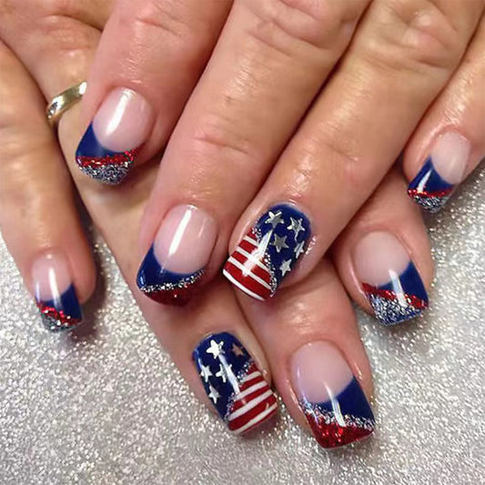 Patriotic Celebration Press On Nail Set Medium Square Blue Red with Glittering Star and Striped Design