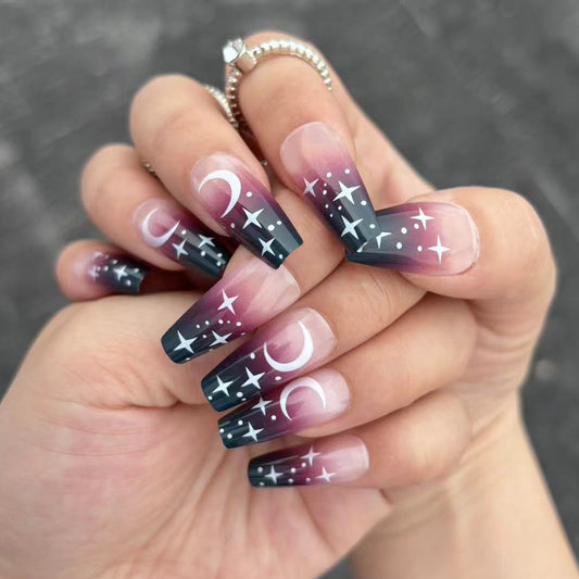 Celestial Dreams Long Coffin Press On Nail Set in Dark Purple and Blue with Moon and Star Design