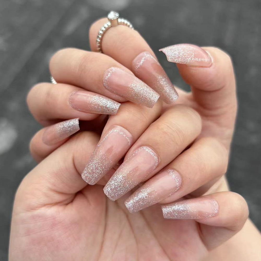 Shimmering Elegance Long Coffin Beige Nails with Iridescent Glitter Finish