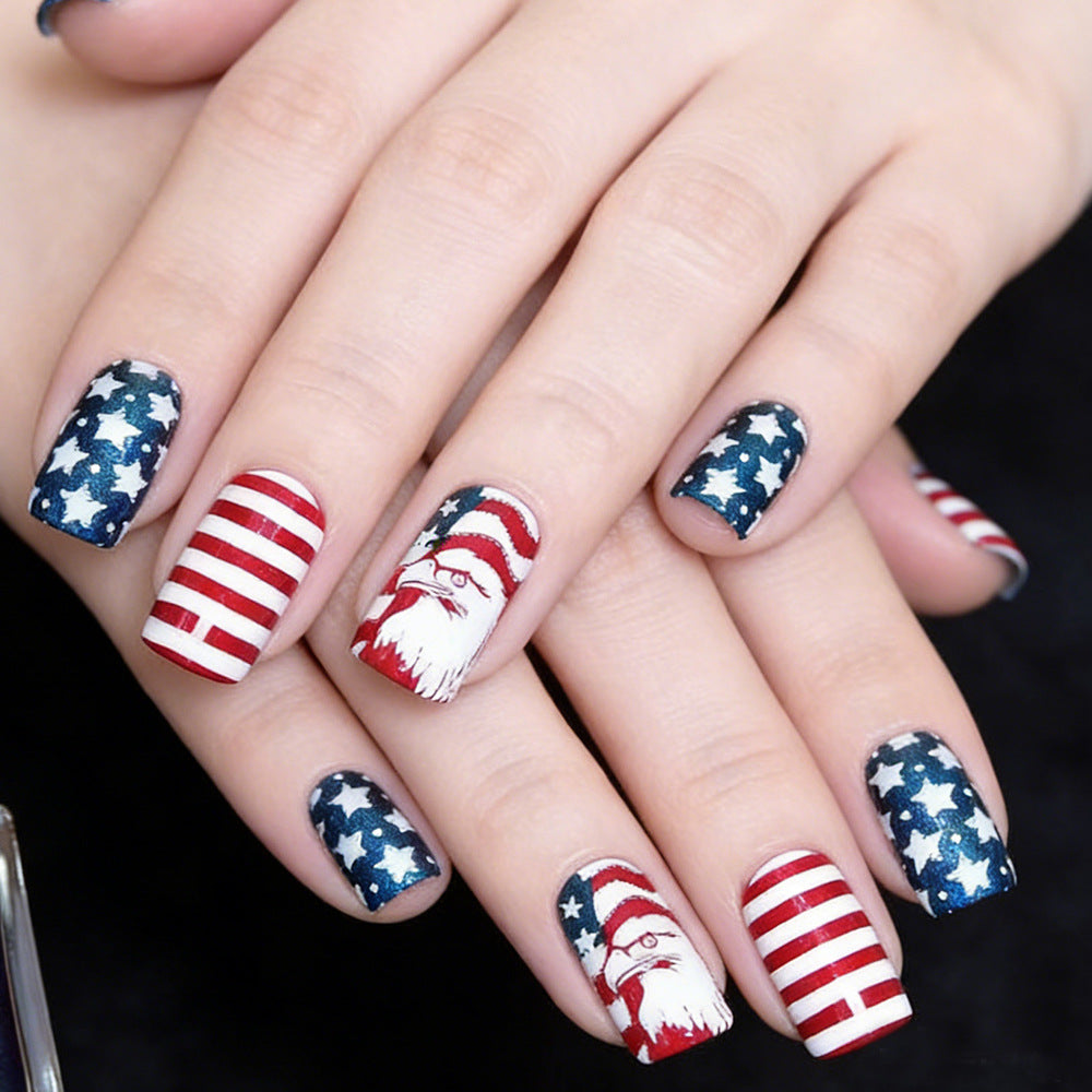 Patriotic Glamour Medium Square Red White and Blue with Festive Star and Santa Designs Press on Nail Set