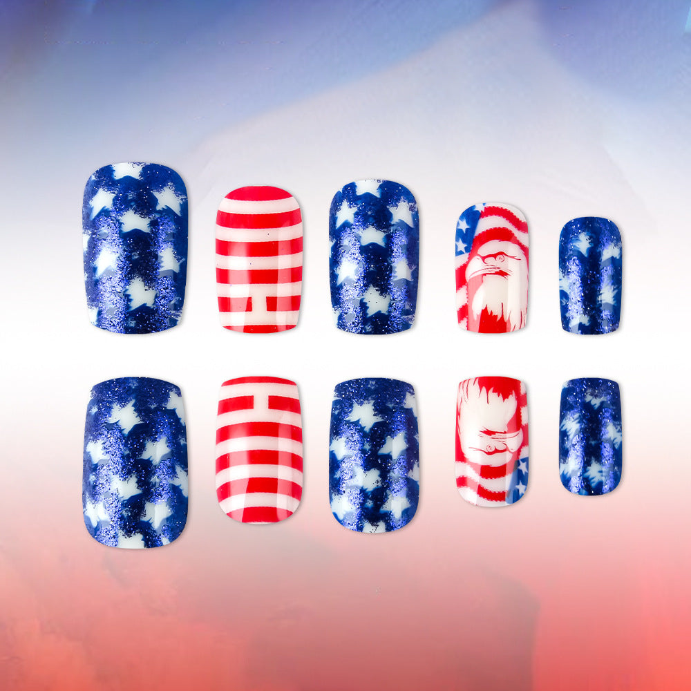 Patriotic Spirit Glossy Medium Square Press-On Nail Set in Red White and Blue with Festive Star and Santa Designs