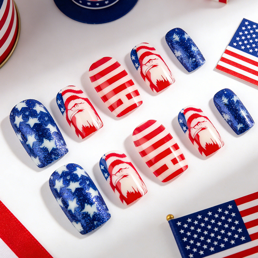 Patriotic Vibes Medium Square Red and Blue with Star and Stripes Design Nail Set