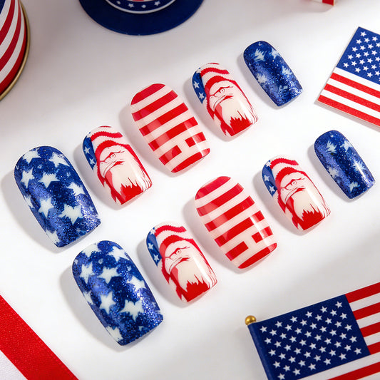 Patriotic Vibes Medium Square Red and Blue with Star and Stripes Design Nail Set