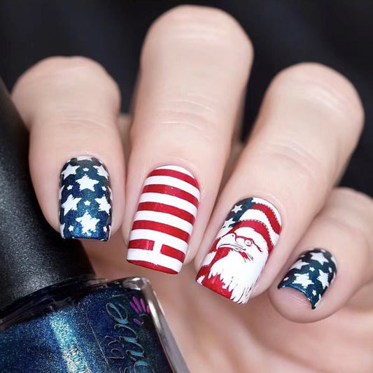 Patriotic Celebration Long Square Red Blue and White Press on Nail Set with Unique Eagle Design