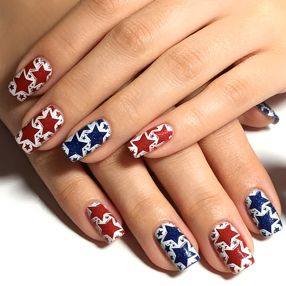 Stars and Stripes Glamorous Medium Square Press-On Nails in Red and Blue with Unique Star Pattern