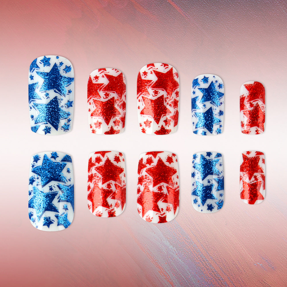 Patriotic Sparkle Medium Square Red and Blue Glitter Star Press on Nail Set