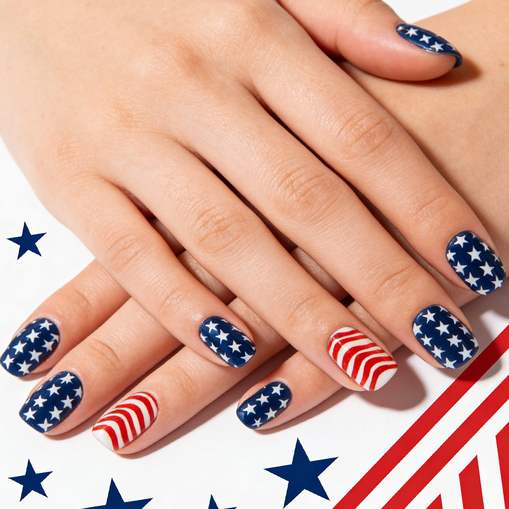 Patriotic Charm Medium Square Navy and Red Star Pattern Press on Nail Set with Unique Striped Accent