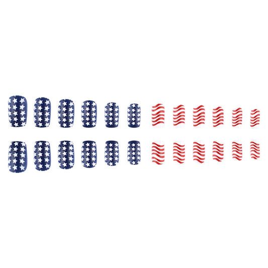 Patriotic Celebration Medium Square Blue and White Star Design with Red and White Stripes Press On Nail Set