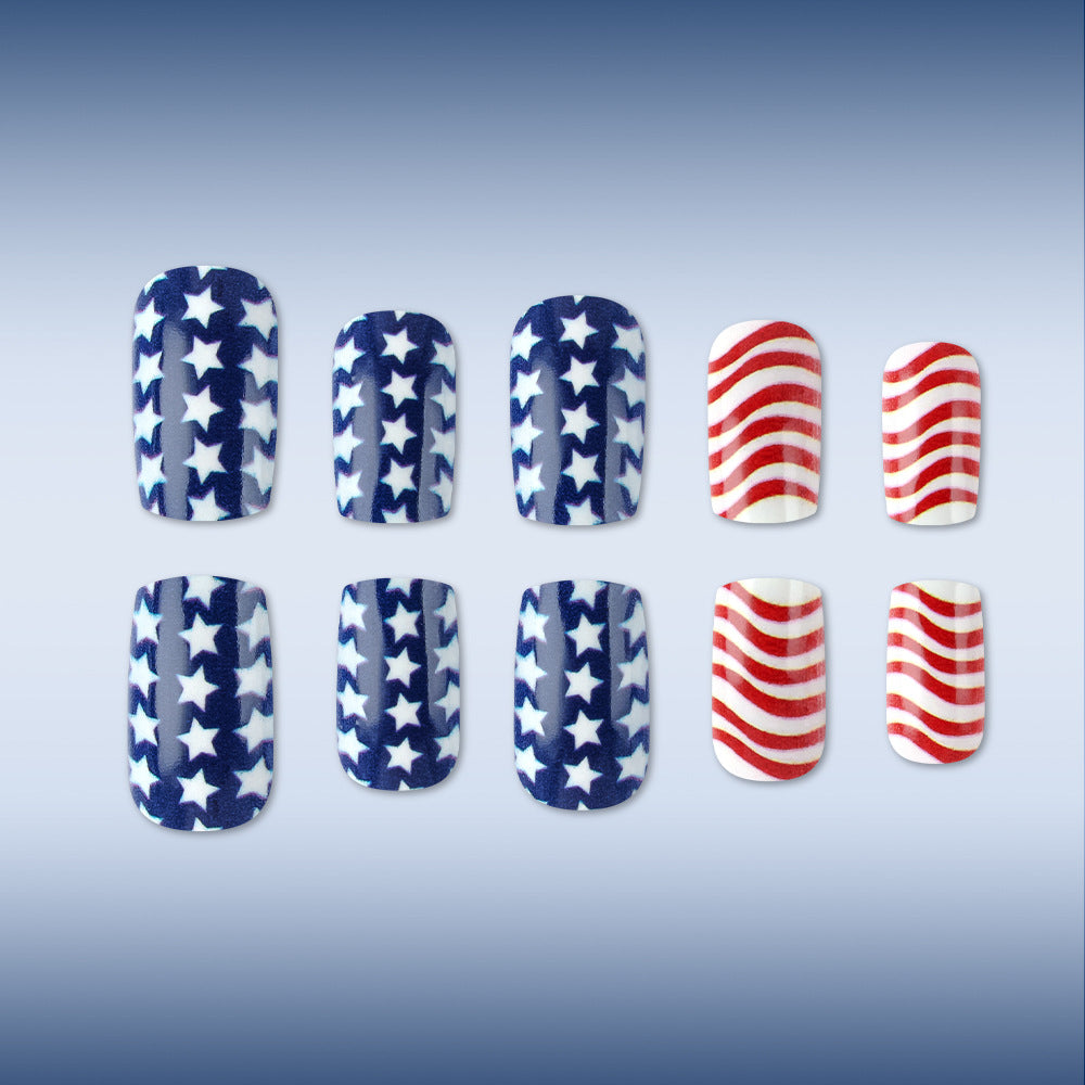 Patriotic Splendor Array of Medium Length Square Shaped Navy Blue and White Starry Design with Festive Red and White Striped Accents