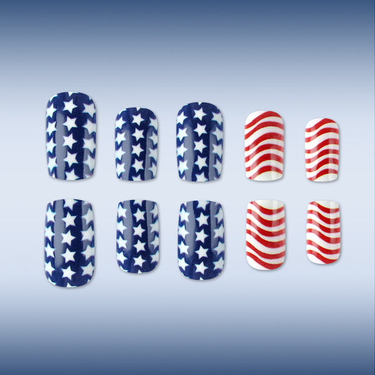 Patriotic Splendor Array of Medium Length Square Shaped Navy Blue and White Starry Design with Festive Red and White Striped Accents
