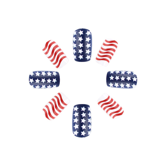 Patriotic Spirit Medium Square Red and Blue Star Striped Press On Nail Set