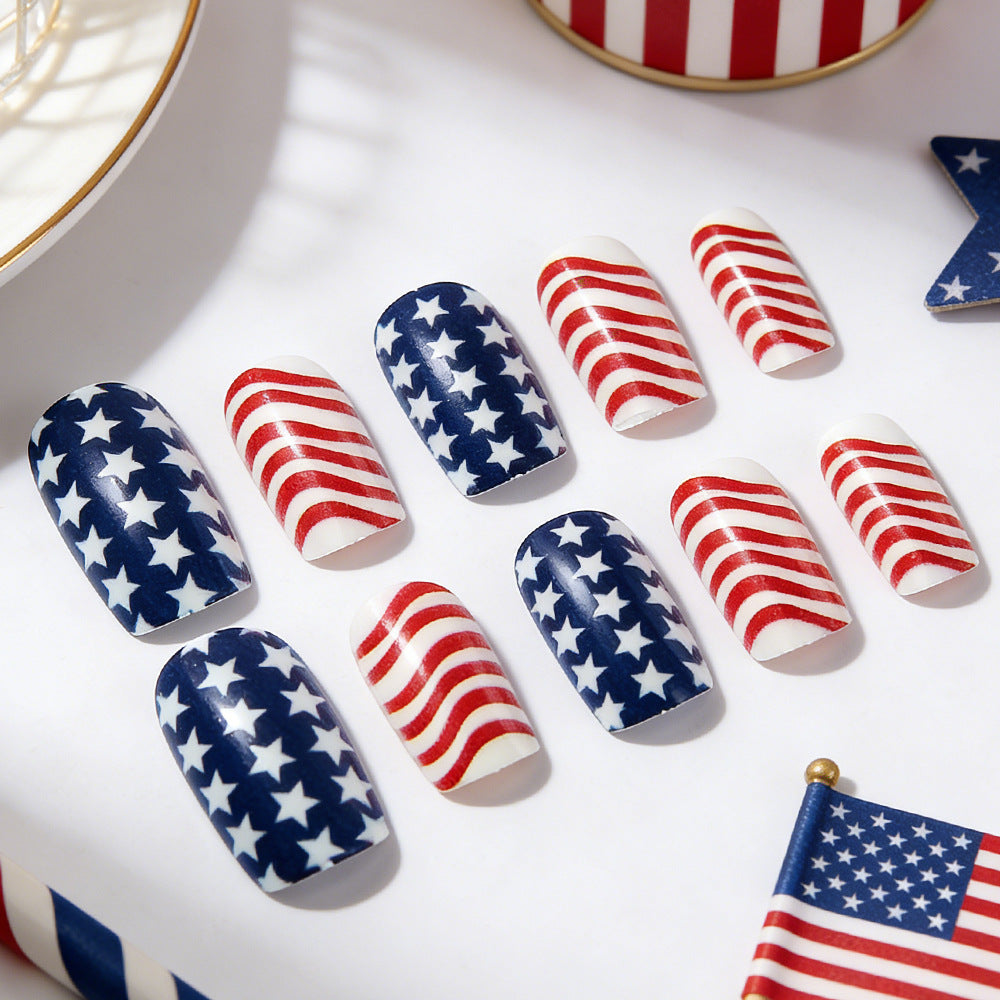Patriotic Elegance Medium Square Blue and Red Star Pattern Press On Nail Set with Glossy Finish