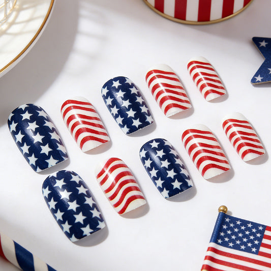 Patriotic Elegance Medium Square Blue and Red Star Pattern Press On Nail Set with Glossy Finish