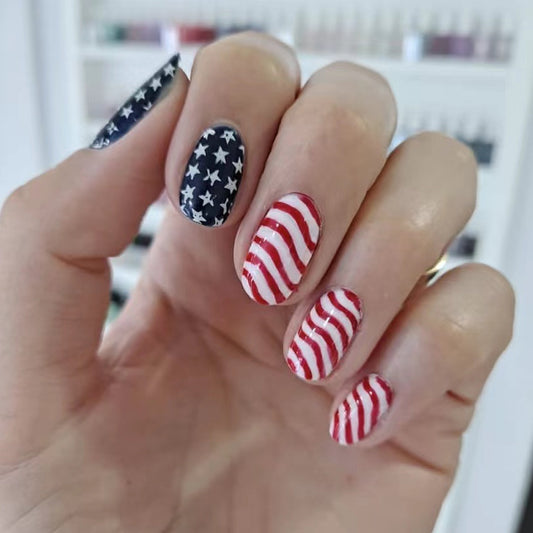Patriotic Celebration Press On Nail Set Medium Oval Shape Red White and Blue with Star and Stripe Design