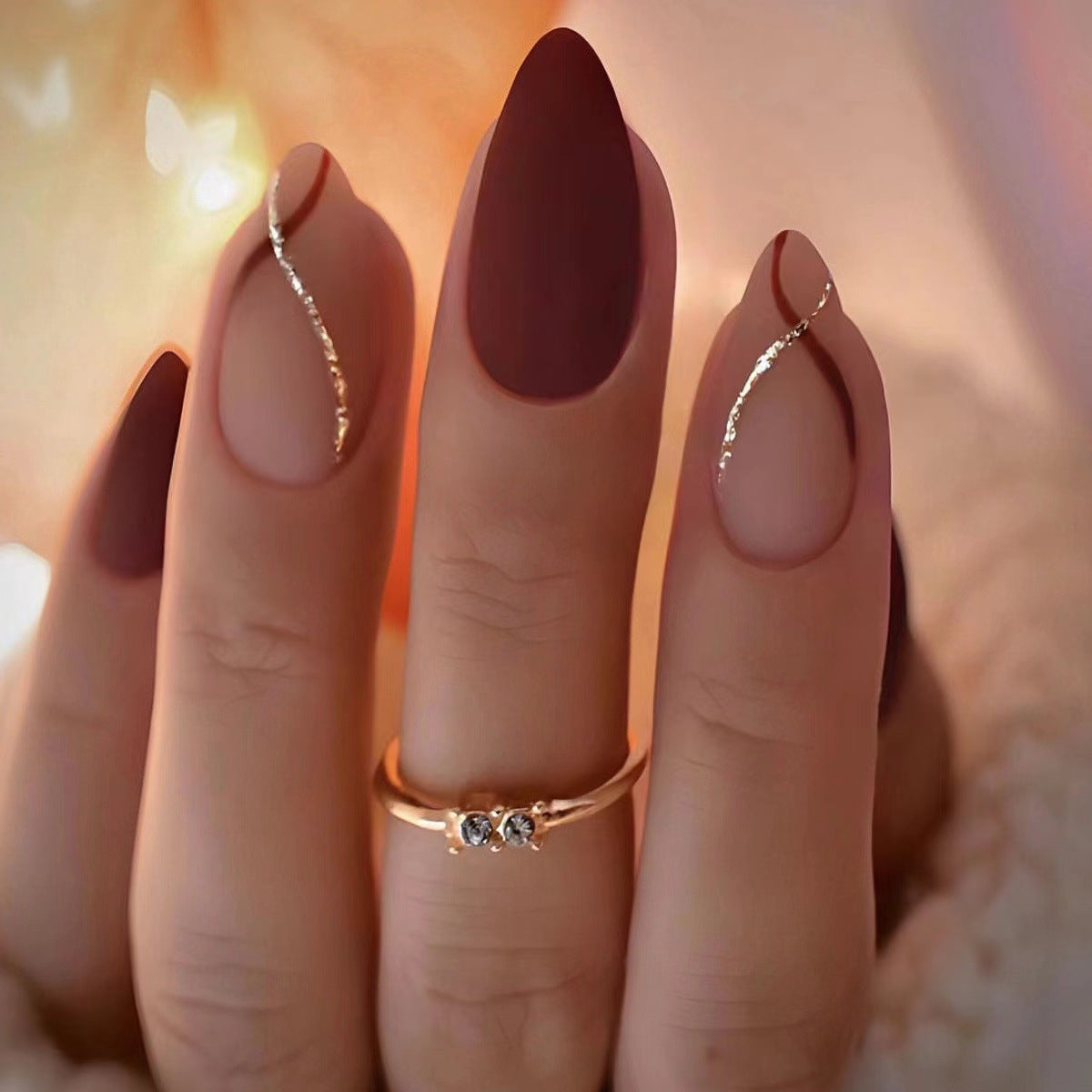 Elegant Evening Luxury Medium Almond Shaped Deep Burgundy Press On Nails with Stunning Gold Accents