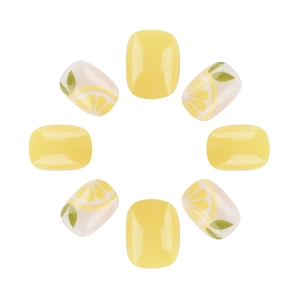 Citrus Delight Short Square Yellow Press On Nail Set Featuring Lemon Slice Designs