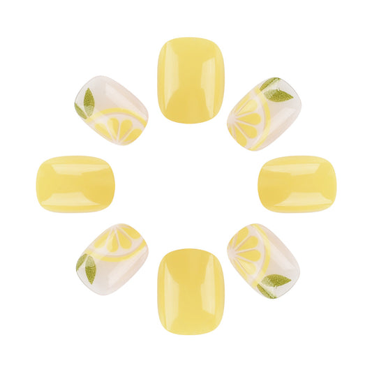 Citrus Delight Short Square Yellow Press On Nail Set Featuring Lemon Slice Designs
