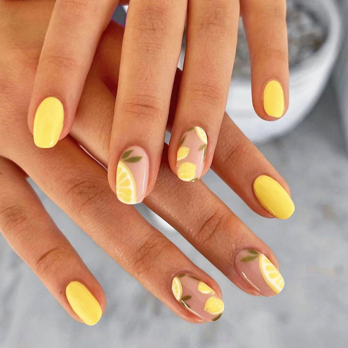 Citrus Delight Short Squoval Bright Yellow Press On Nail Set Featuring Lemon Design