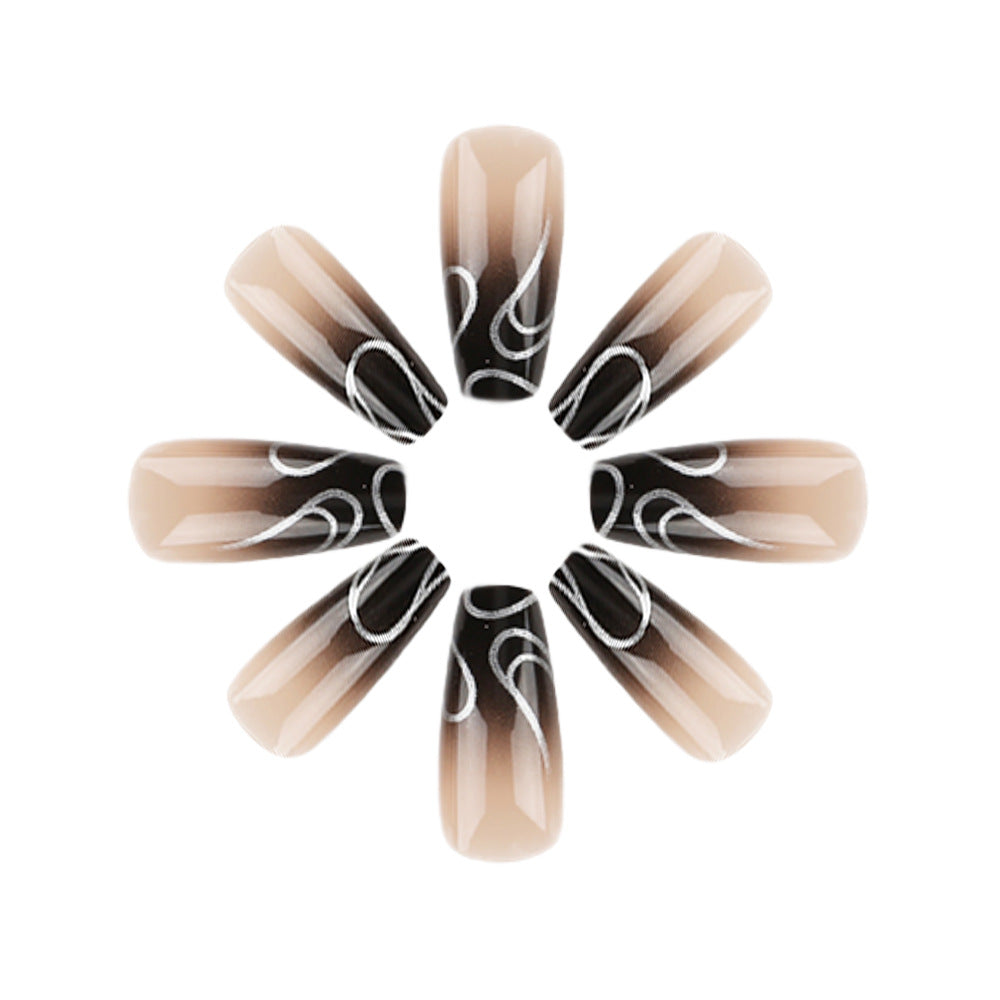 Elegant Autumn Vibes Long Coffin Shaped Ombre Beige and Black Press On Nail Set with Artistic Swirled Accents