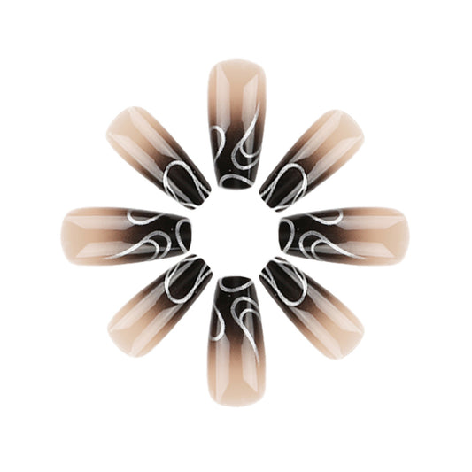 Elegant Autumn Vibes Long Coffin Shaped Ombre Beige and Black Press On Nail Set with Artistic Swirled Accents