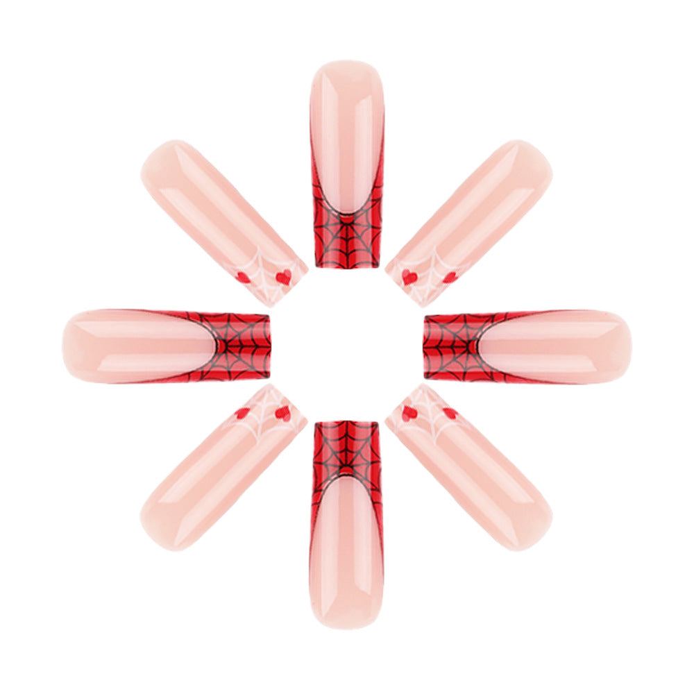 Spiderweb Dreams Press on Nails Long Square Pink with Red Spiderweb Design