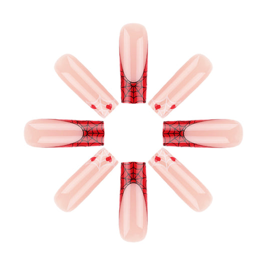 Spiderweb Dreams Press on Nails Long Square Pink with Red Spiderweb Design