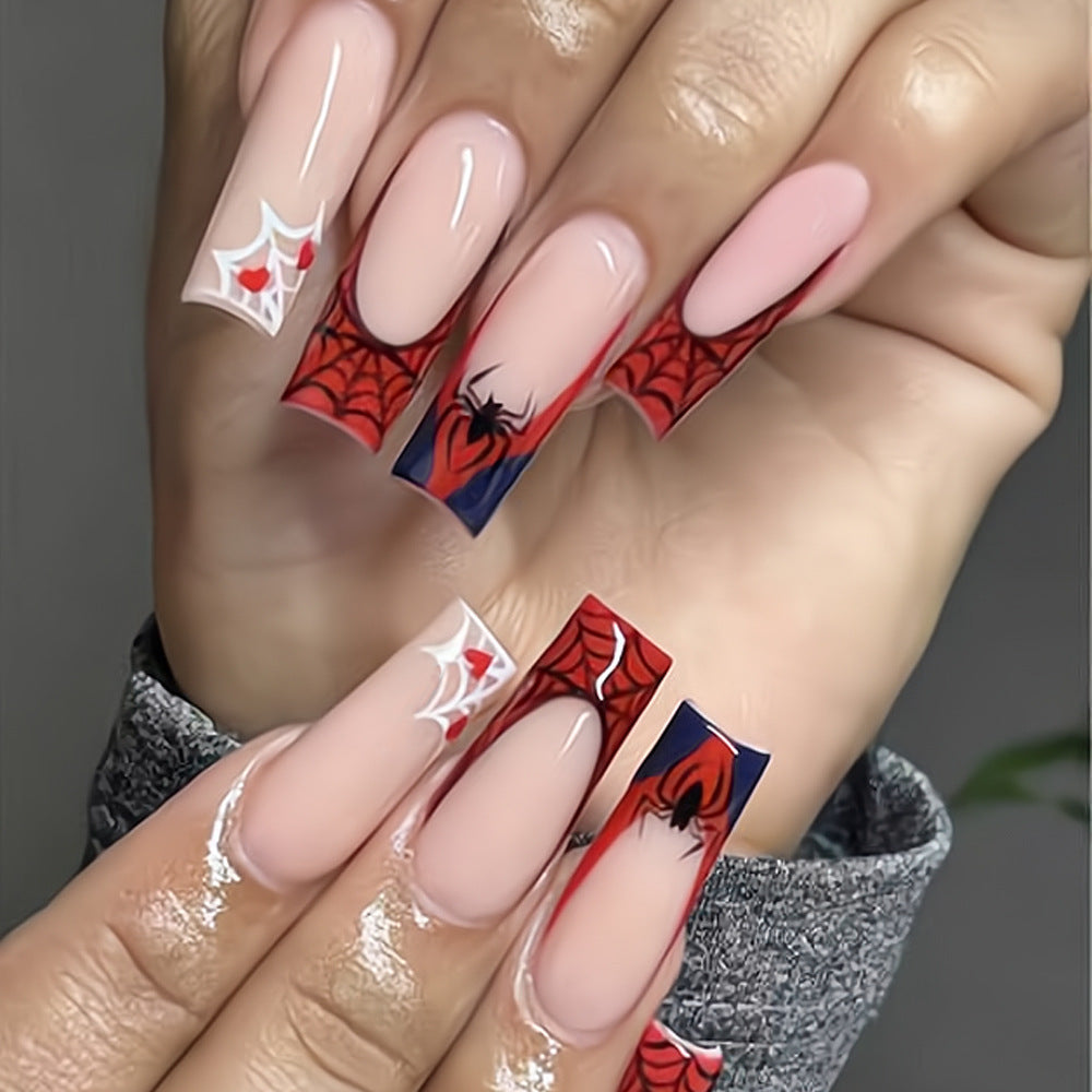 Spooky Glamour Long Square Red and Black with Halloween Spider Web Design Press-On Nail Set